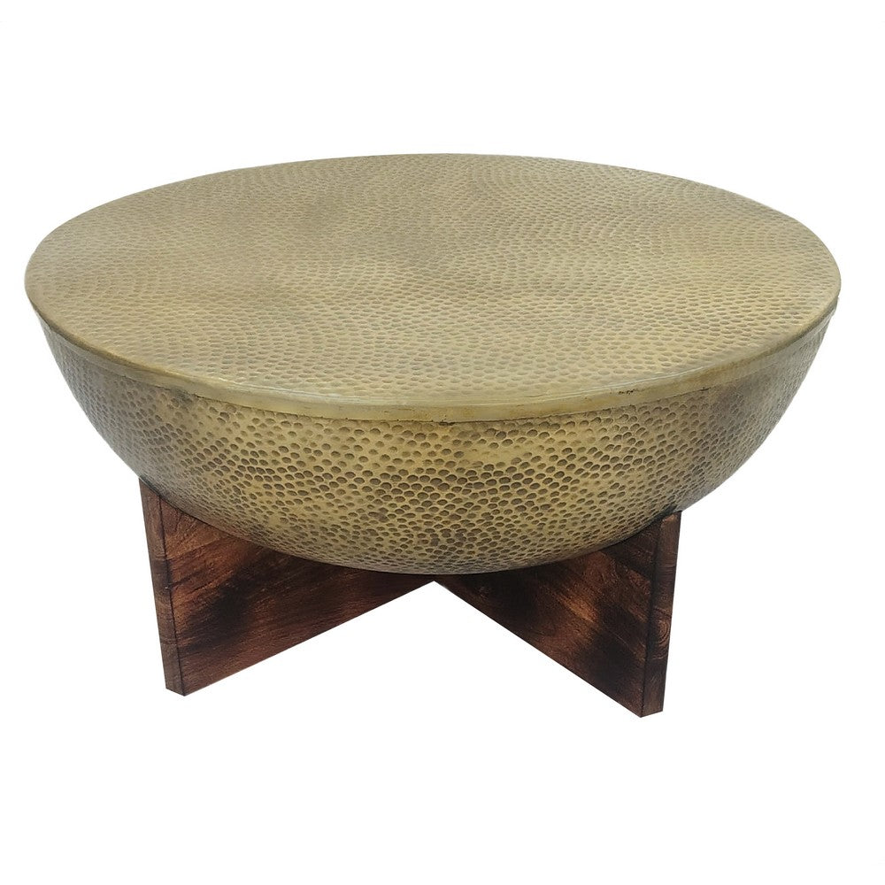 Arden Coffee Table | Round Hammered Metal Top | Mango Wood Base| Antique Brass By The Urban Port