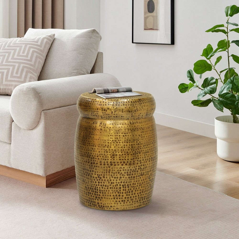 Kvira 21" Round Drum Side End Table | Artisan Hammered Embossed Texture | Antique Gold Brass Finish By The Urban Port