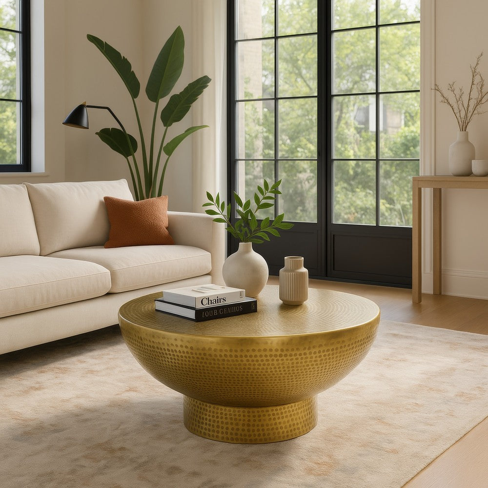 Orion Coffee Table | 32 Inch Round Martini Glass Shape |Hammered Antique Brass Finish By The Urban Port UPT-327667