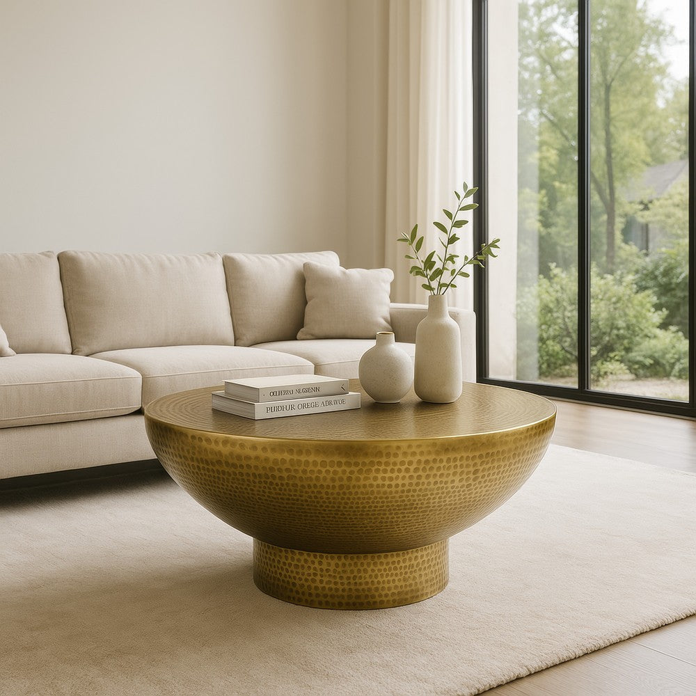 Orion Coffee Table | 32 Inch Round Martini Glass Shape |Hammered Antique Brass Finish By The Urban Port UPT-327667