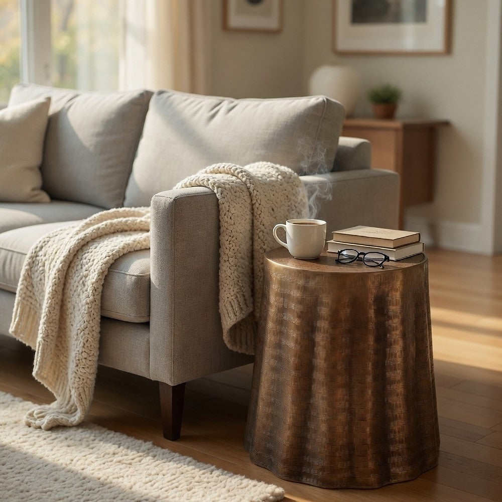 Liora 19" Round Side End Table | Handcrafted Bronze-Finish Aluminum | Textured Drape Design By The Urban Port