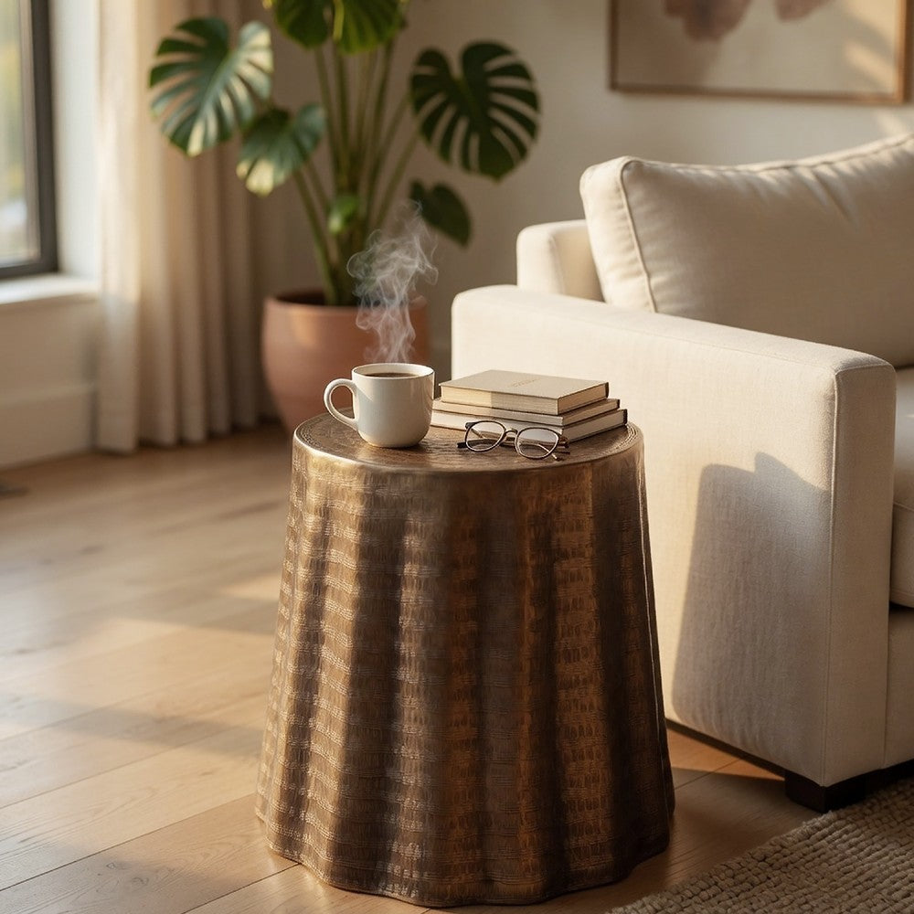 Liora 19" Round Side End Table | Handcrafted Bronze-Finish Aluminum | Textured Drape Design By The Urban Port
