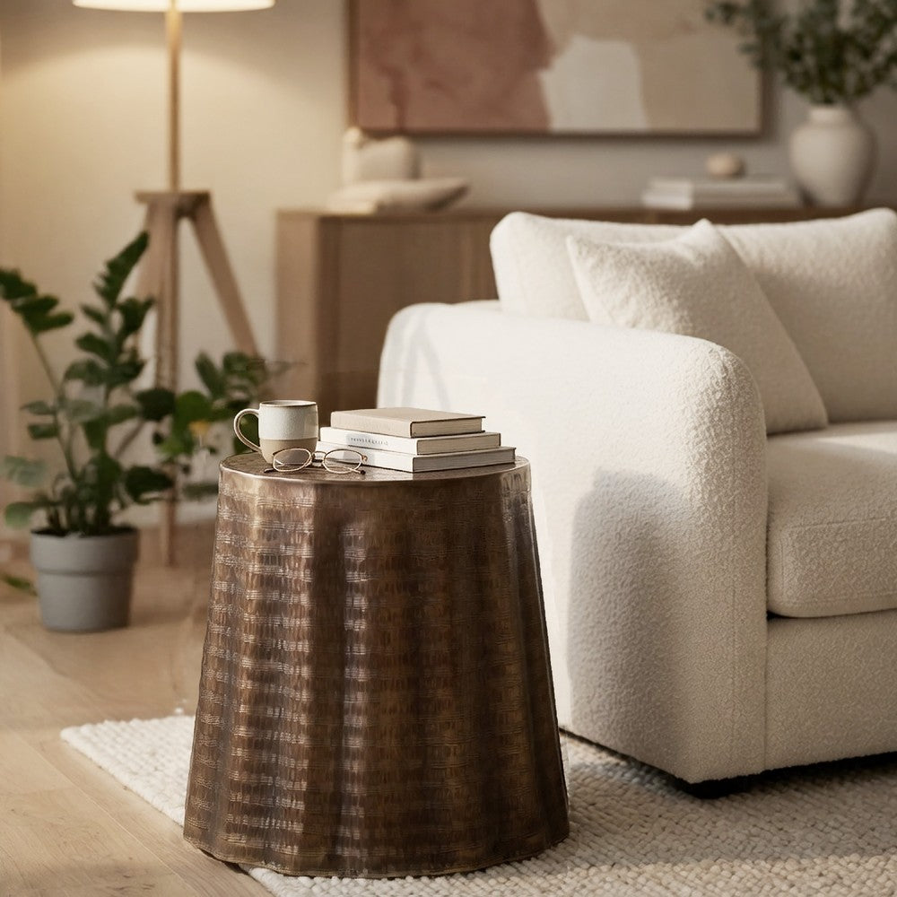 Liora 19" Round Side End Table | Handcrafted Bronze-Finish Aluminum | Textured Drape Design By The Urban Port