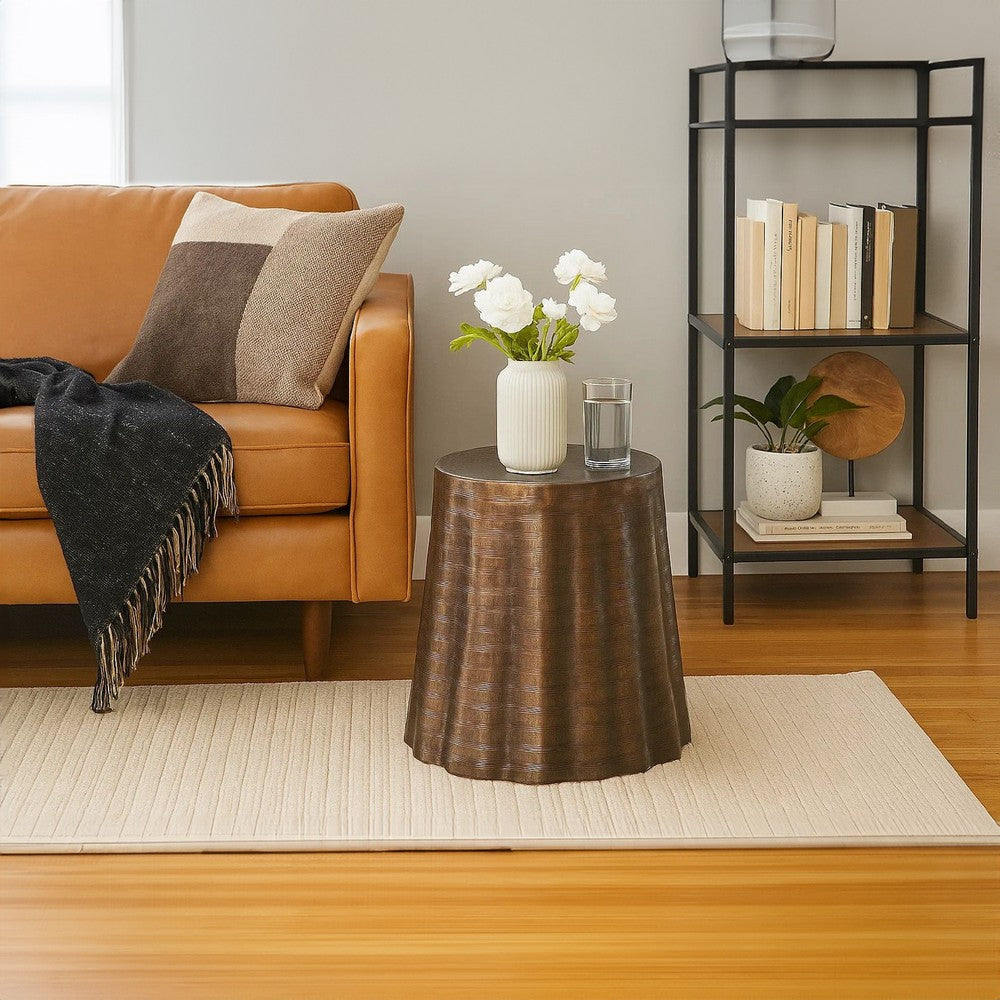 Liora 19" Round Side End Table | Handcrafted Bronze-Finish Aluminum | Textured Drape Design By The Urban Port