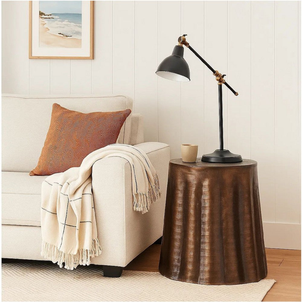 Liora 19" Round Side End Table | Handcrafted Bronze-Finish Aluminum | Textured Drape Design By The Urban Port