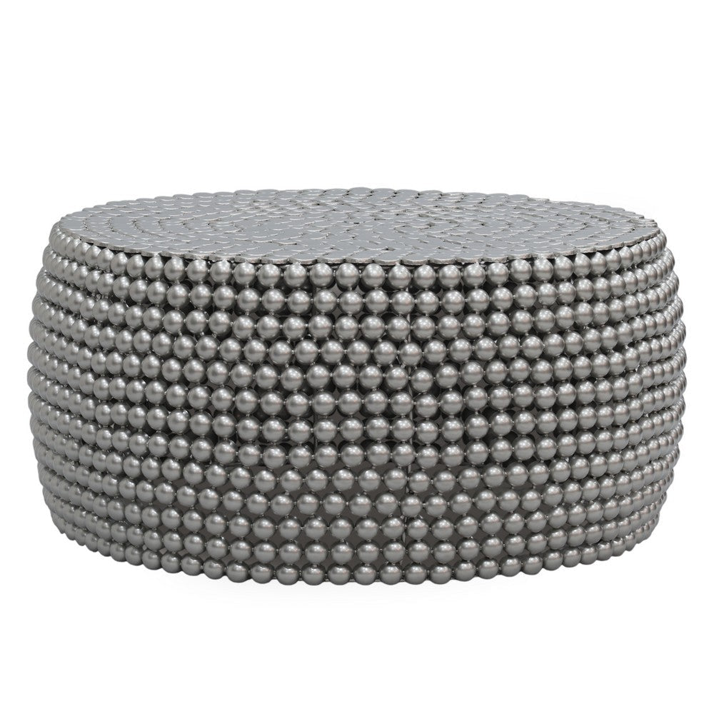Eve 32’’ Coffee Table | Silver Metallic Beads Studded Pattern | Nickel Coated Iron Frame By The Urban Port