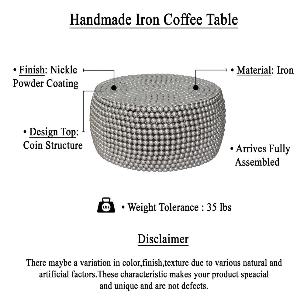 Eve 32’’ Coffee Table | Silver Metallic Beads Studded Pattern | Nickel Coated Iron Frame By The Urban Port