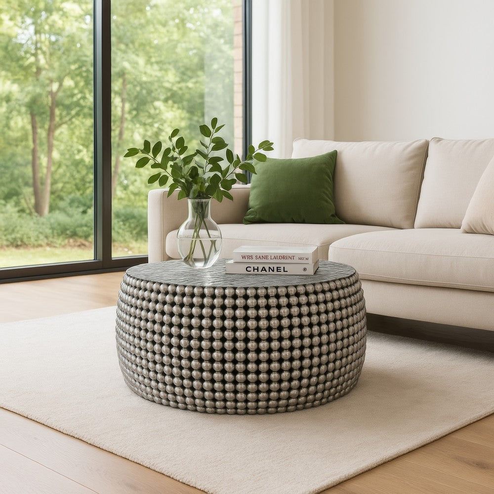 Eve 32" Coffee Table | Silver Metallic Beads Studded Pattern | Nickel Coated Iron Frame By The Urban Port