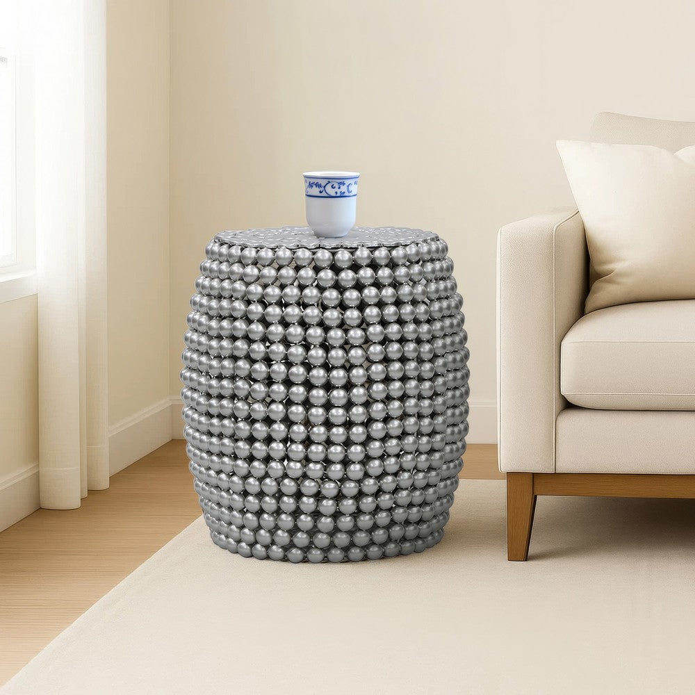 Eve 18’’ Side End Table | Silver Metallic Beads Studded Pattern | Nickel Coated Iron Frame By The Urban Port UPT-327671