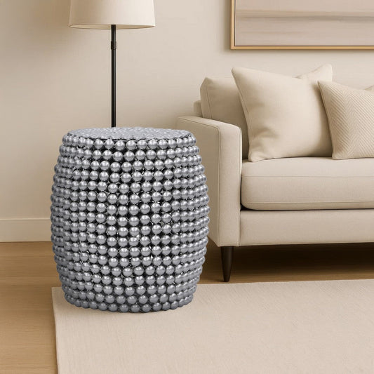Eve 18" Side End Table | Silver Metallic Beads Studded Pattern | Nickel Coated Iron Frame By The Urban Port