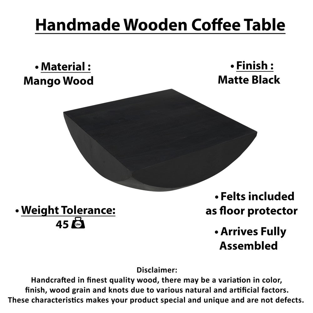 Joanie Coffee Table | 36" Square Top | Handcrafted Matte Black Mango Wood | Rounded Drum Base By The Urban Port