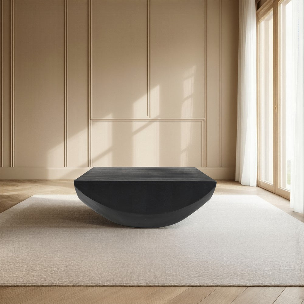 Joanie Coffee Table | 36" Square Top | Handcrafted Matte Black Mango Wood | Rounded Drum Base By The Urban Port