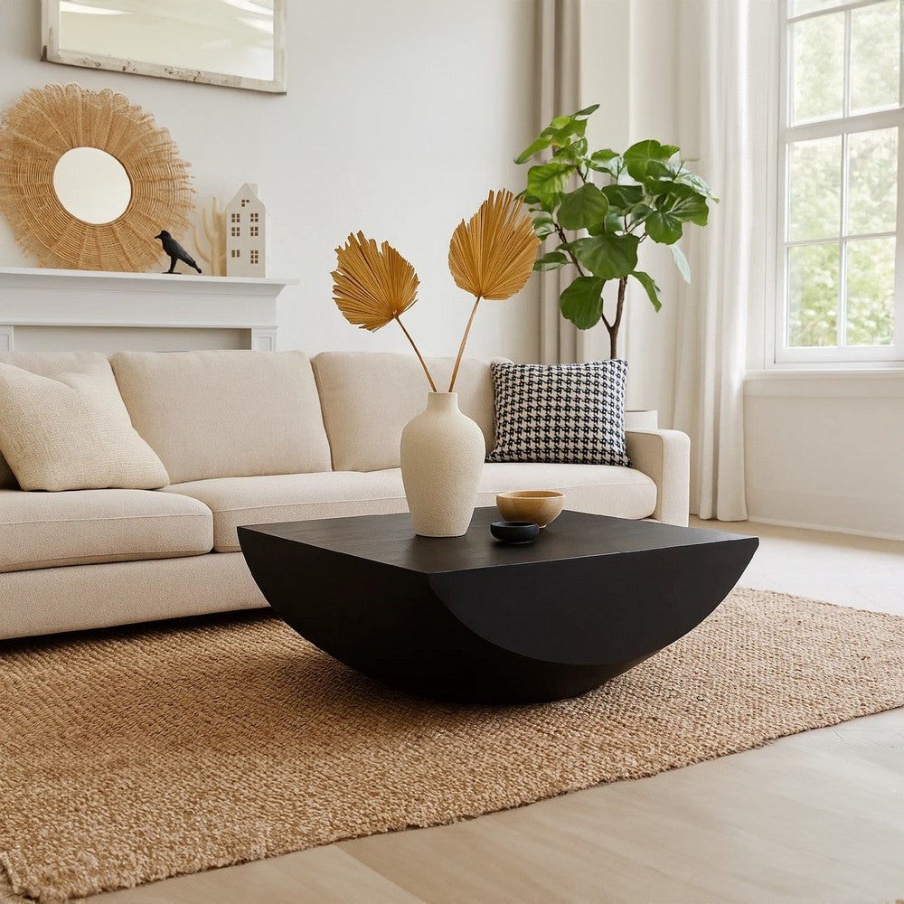Joanie Coffee Table | 36" Square Top | Handcrafted Matte Black Mango Wood | Rounded Drum Base By The Urban Port