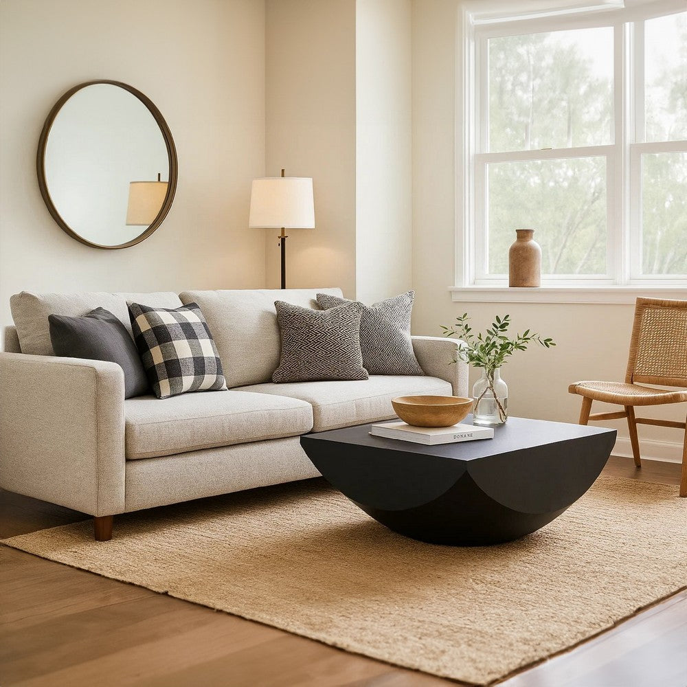 Joanie Coffee Table | 36" Square Top | Handcrafted Matte Black Mango Wood | Rounded Drum Base By The Urban Port