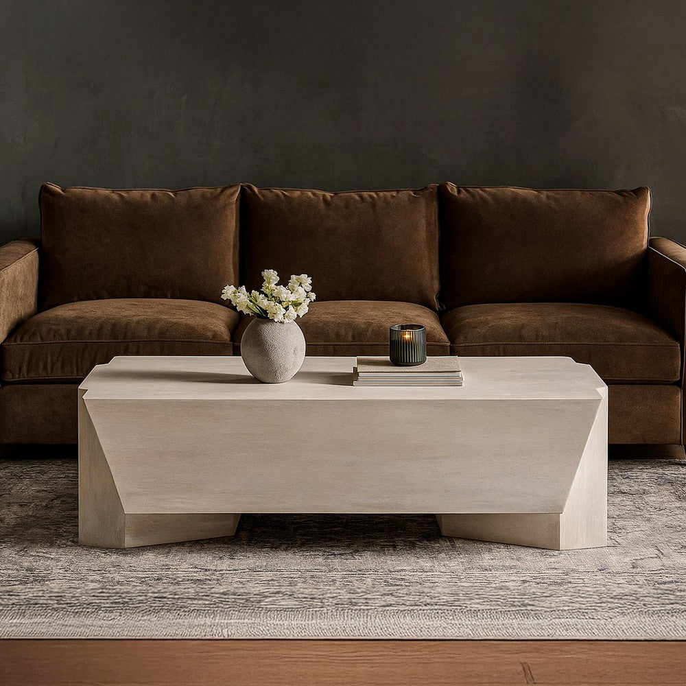 Joanie Coffee Table | 45" Rectangular Biscotti White Handcrafted Mango Wood | Solid Asymmetric Base By The Urban Port