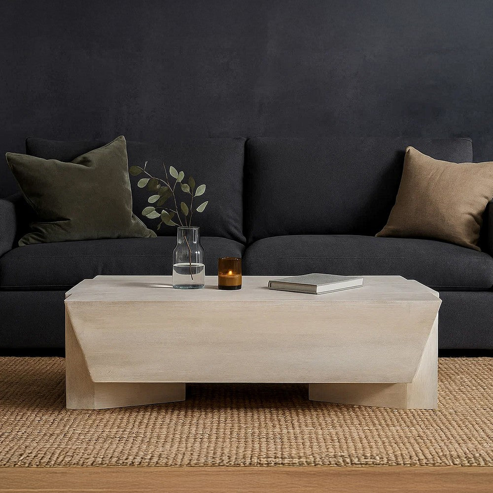 Joanie Coffee Table | 45" Rectangular Biscotti White Handcrafted Mango Wood | Solid Asymmetric Base By The Urban Port