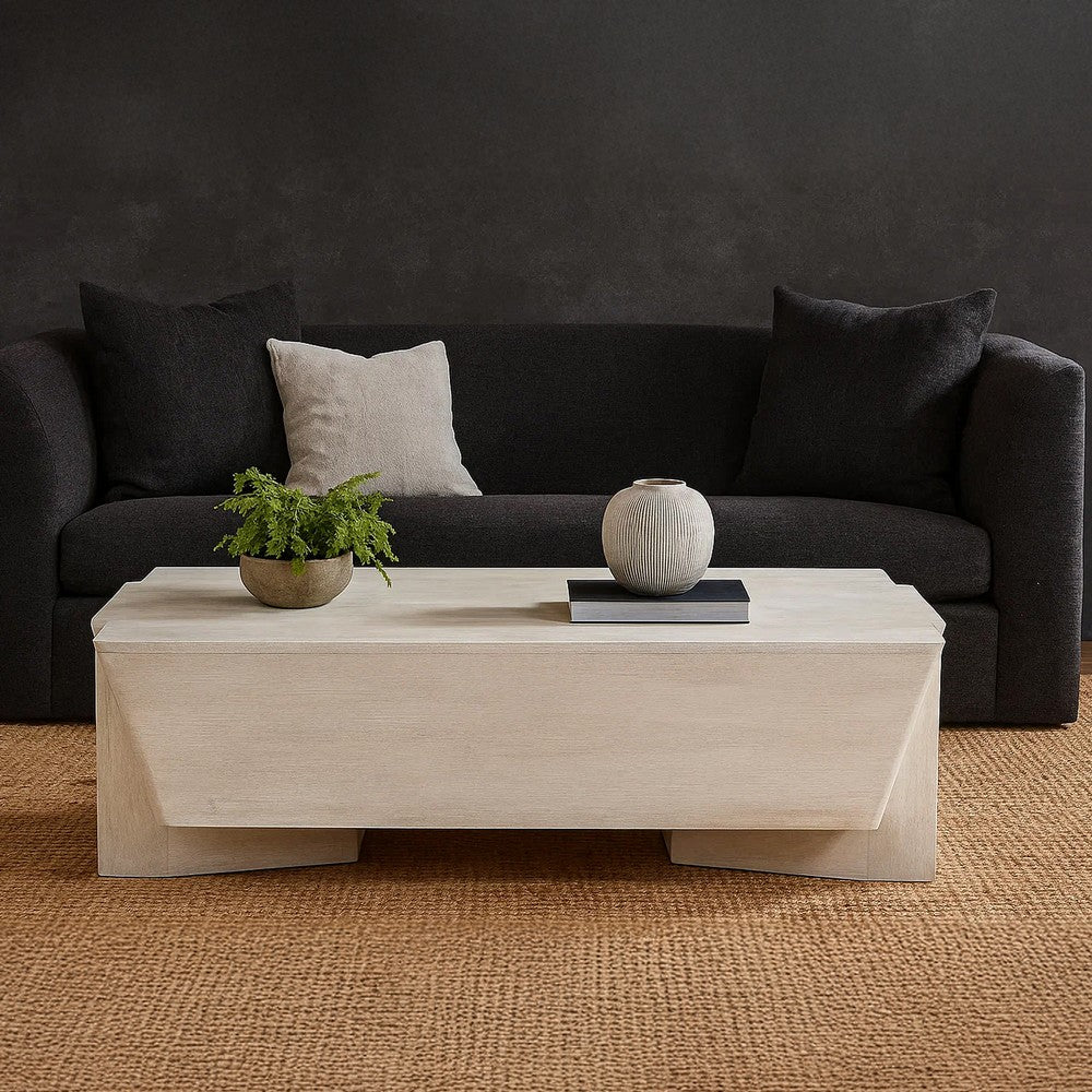 Joanie Coffee Table | 45" Rectangular Biscotti White Handcrafted Mango Wood | Solid Asymmetric Base By The Urban Port