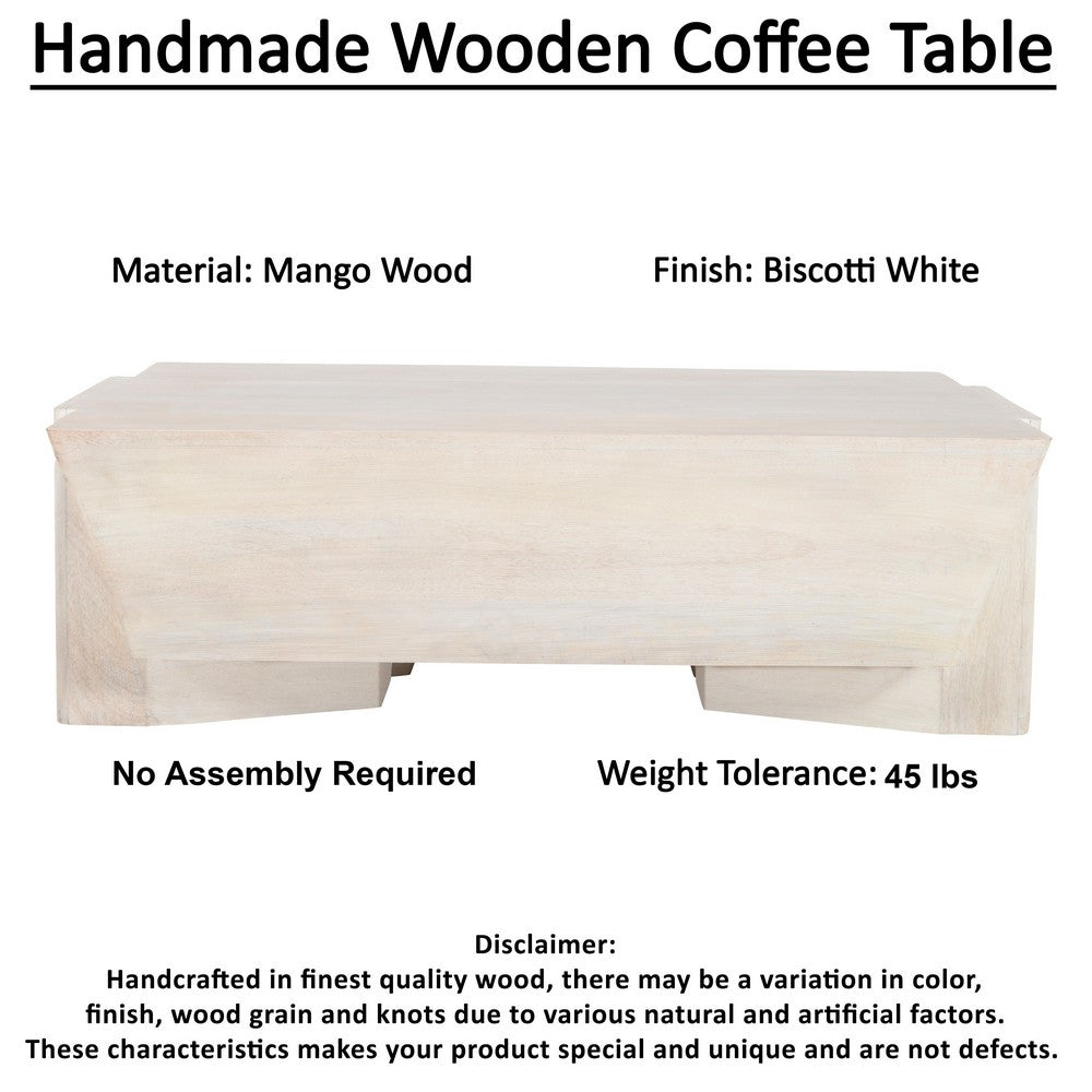 Joanie Coffee Table | 45" Rectangular Biscotti White Handcrafted Mango Wood | Solid Asymmetric Base By The Urban Port