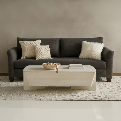 Joanie Coffee Table | 45" Rectangular Biscotti White Handcrafted Mango Wood | Solid Asymmetric Base By The Urban Port