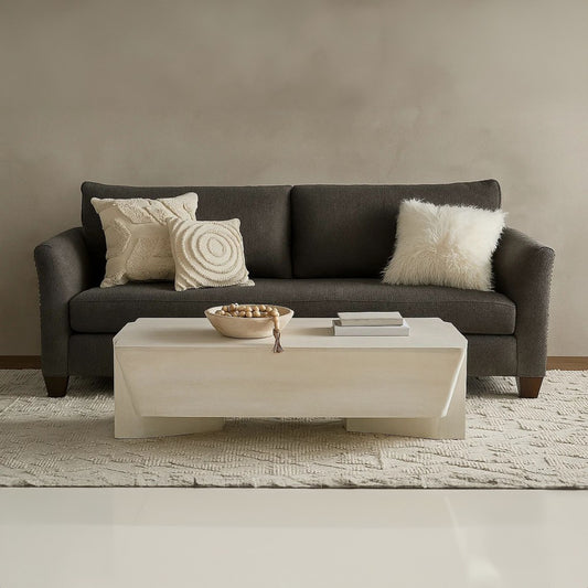 Joanie Coffee Table | 45" Rectangular Biscotti White Handcrafted Mango Wood | Solid Asymmetric Base By The Urban Port