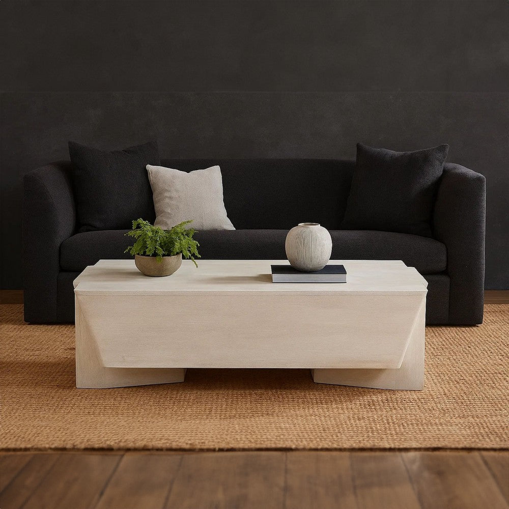 Joanie Coffee Table | 45" Rectangular Biscotti White Handcrafted Mango Wood | Solid Asymmetric Base By The Urban Port