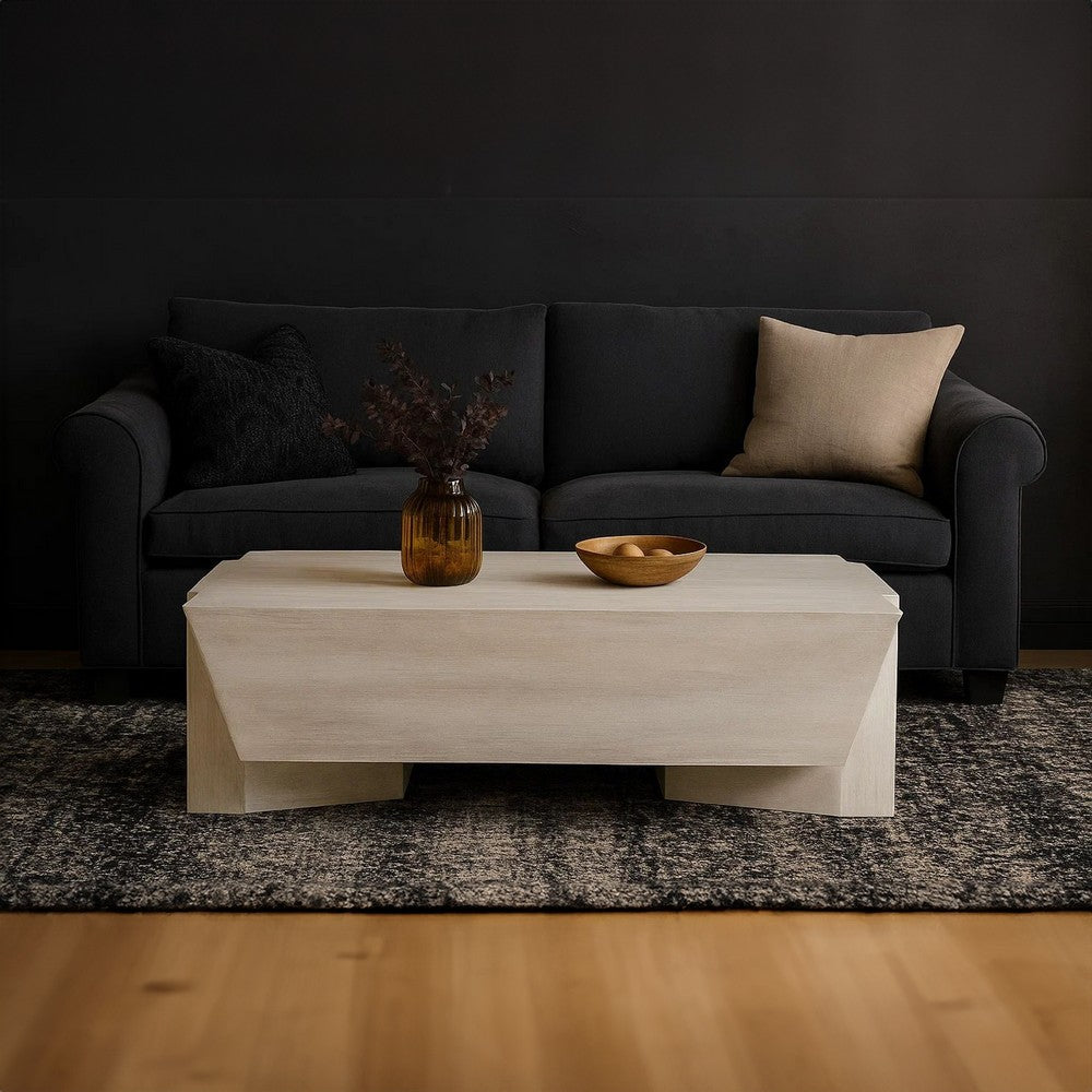 Joanie Coffee Table | 45" Rectangular Biscotti White Handcrafted Mango Wood | Solid Asymmetric Base By The Urban Port