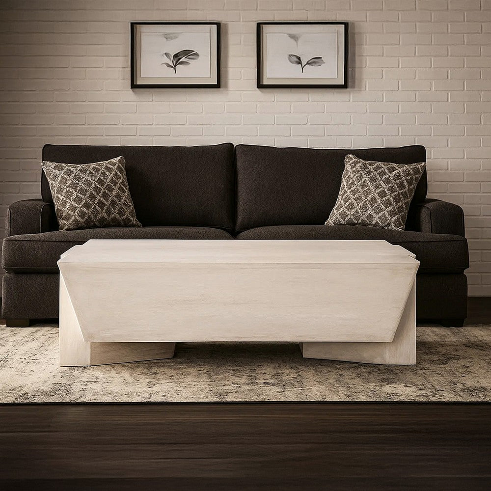 Joanie Coffee Table | 45" Rectangular Biscotti White Handcrafted Mango Wood | Solid Asymmetric Base By The Urban Port