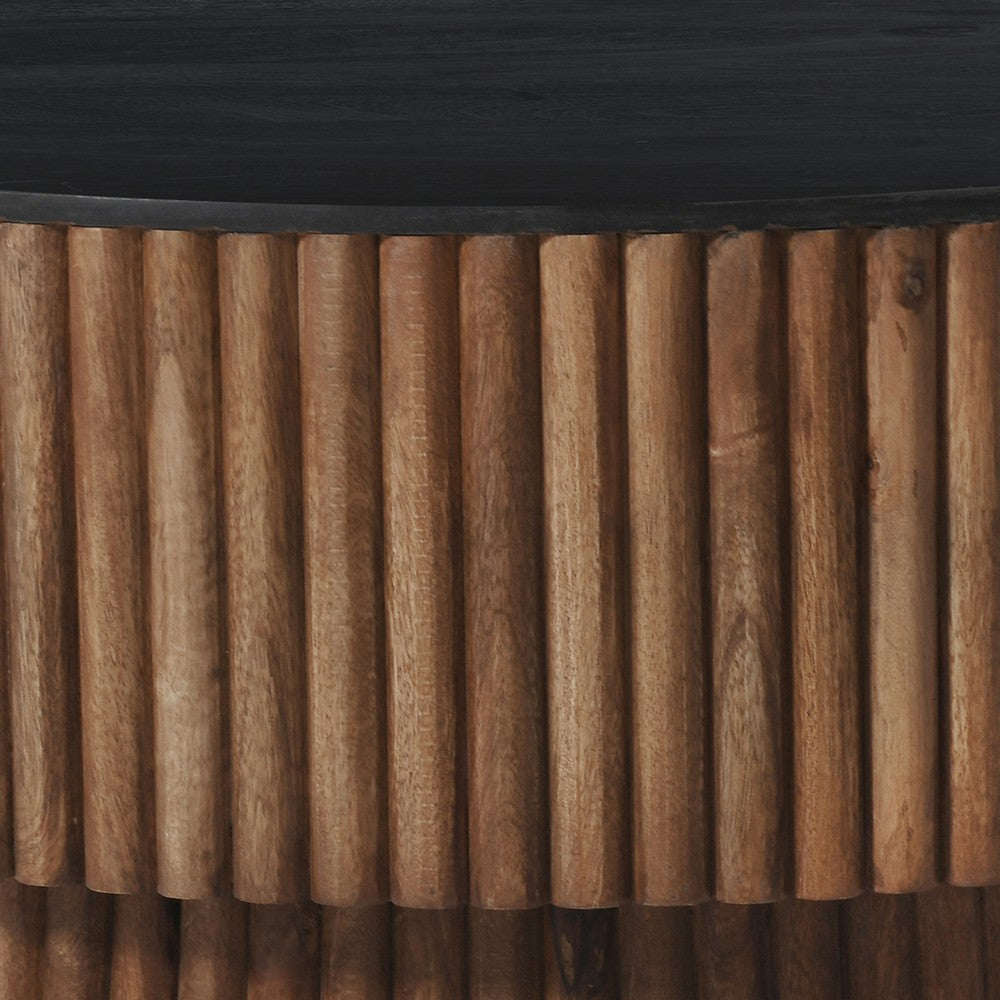 Montoya Coffee Table | 34" Round Black Top | Brown Mango Wood Fluted Plinth Base By The Urban Port