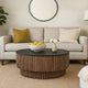 Montoya Coffee Table | 34" Round Black Top | Brown Mango Wood Fluted Plinth Base By The Urban Port