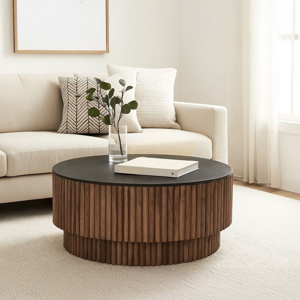 Montoya Coffee Table | 34" Round Black Top | Brown Mango Wood Fluted Plinth Base By The Urban Port