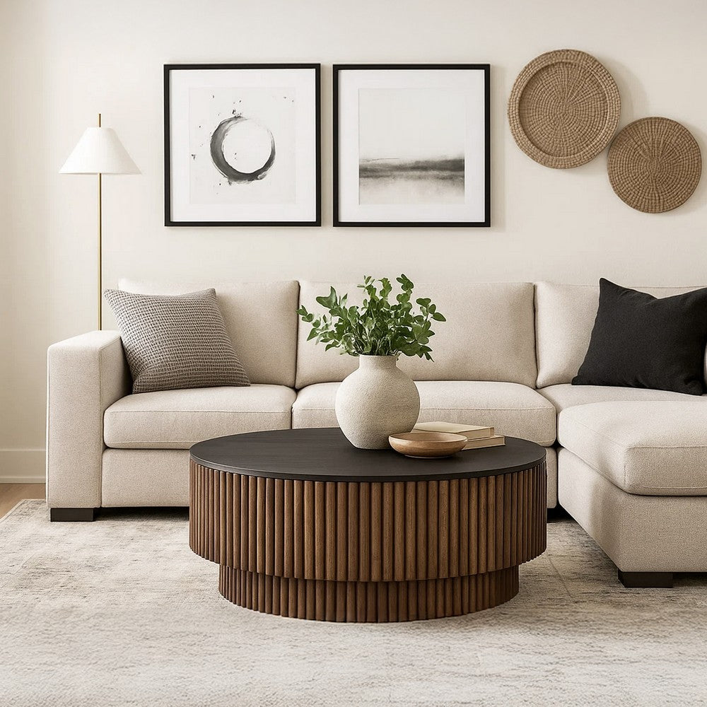 Montoya Coffee Table | 34" Round Black Top | Brown Mango Wood Fluted Plinth Base By The Urban Port