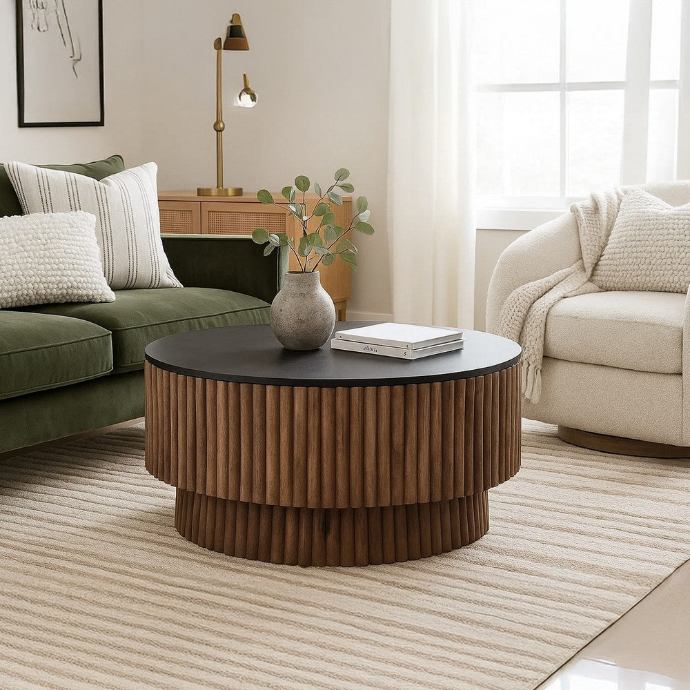 Montoya Coffee Table | 34" Round Black Top | Brown Mango Wood Fluted Plinth Base By The Urban Port