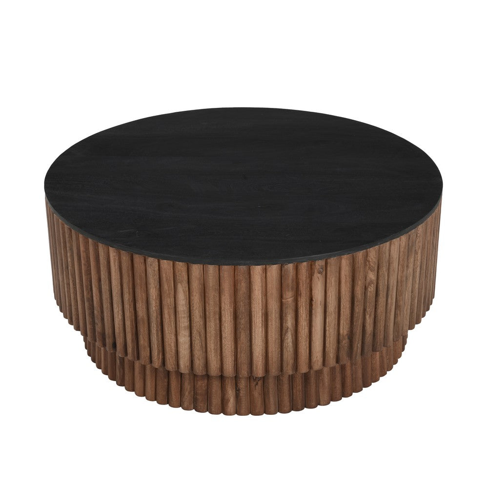 Montoya Coffee Table | 34" Round Black Top | Brown Mango Wood Fluted Plinth Base By The Urban Port