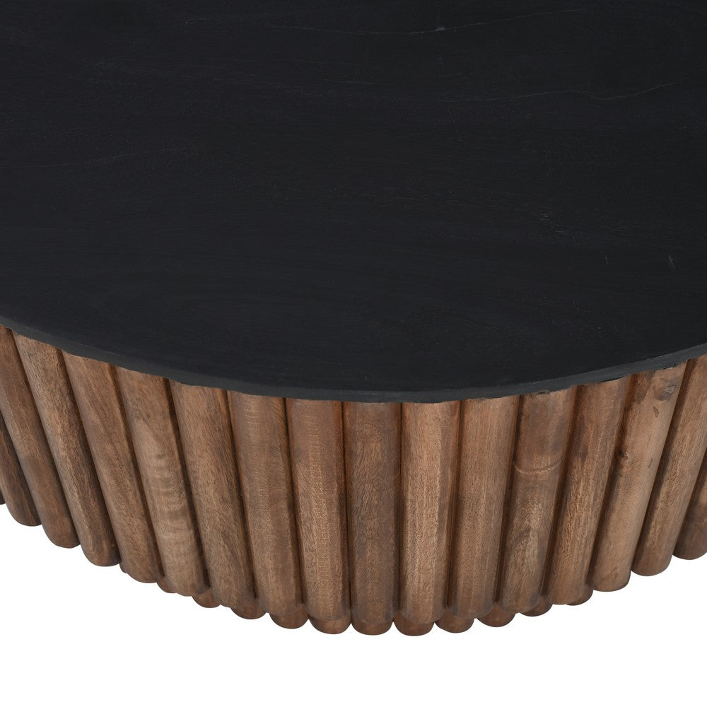 Montoya Coffee Table | 34" Round Black Top | Brown Mango Wood Fluted Plinth Base By The Urban Port