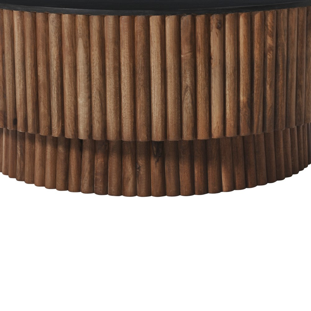 Montoya Coffee Table | 34" Round Black Top | Brown Mango Wood Fluted Plinth Base By The Urban Port