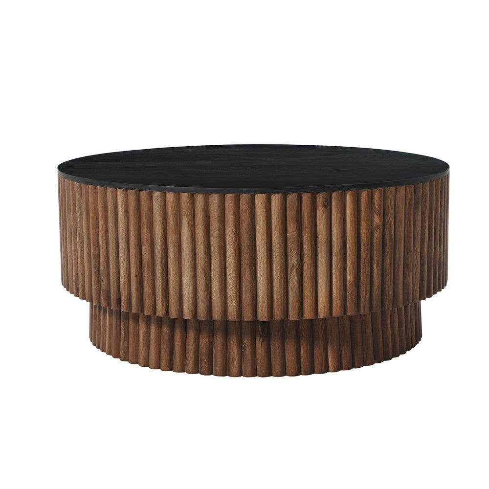 Montoya Coffee Table | 34" Round Black Top | Brown Mango Wood Fluted Plinth Base By The Urban Port