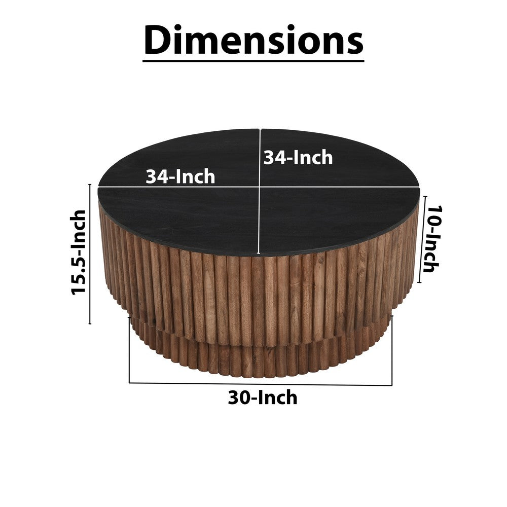 Montoya Coffee Table | 34" Round Black Top | Brown Mango Wood Fluted Plinth Base By The Urban Port