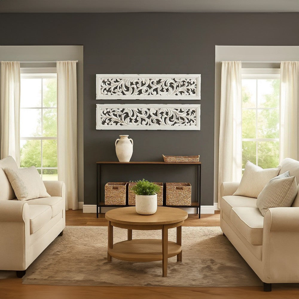 Ozy Carved Wall Art Panel Set of 2 Handcrafted Distressed White Mango Wood 50 Inch Tall By The Urban Port UPT-330432