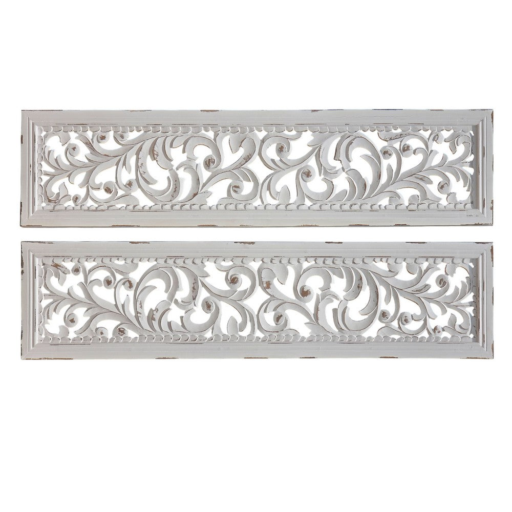 Ozy Carved Wall Art Panel Set of 2, Handcrafted Distressed White Mango Wood, 50 Inch Tall By The Urban Port