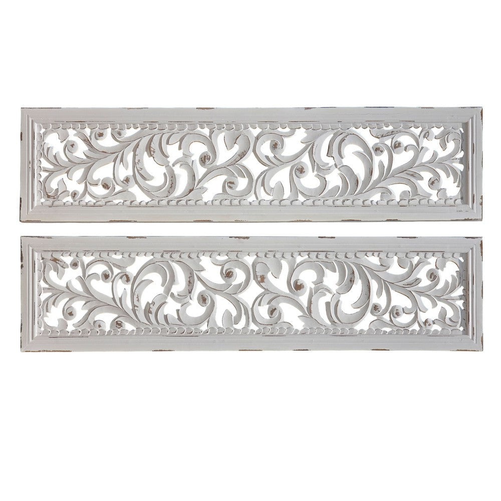 Ozy Carved Wall Art Panel Set of 2 Handcrafted Distressed White Mango Wood 50 Inch Tall By The Urban Port UPT-330432
