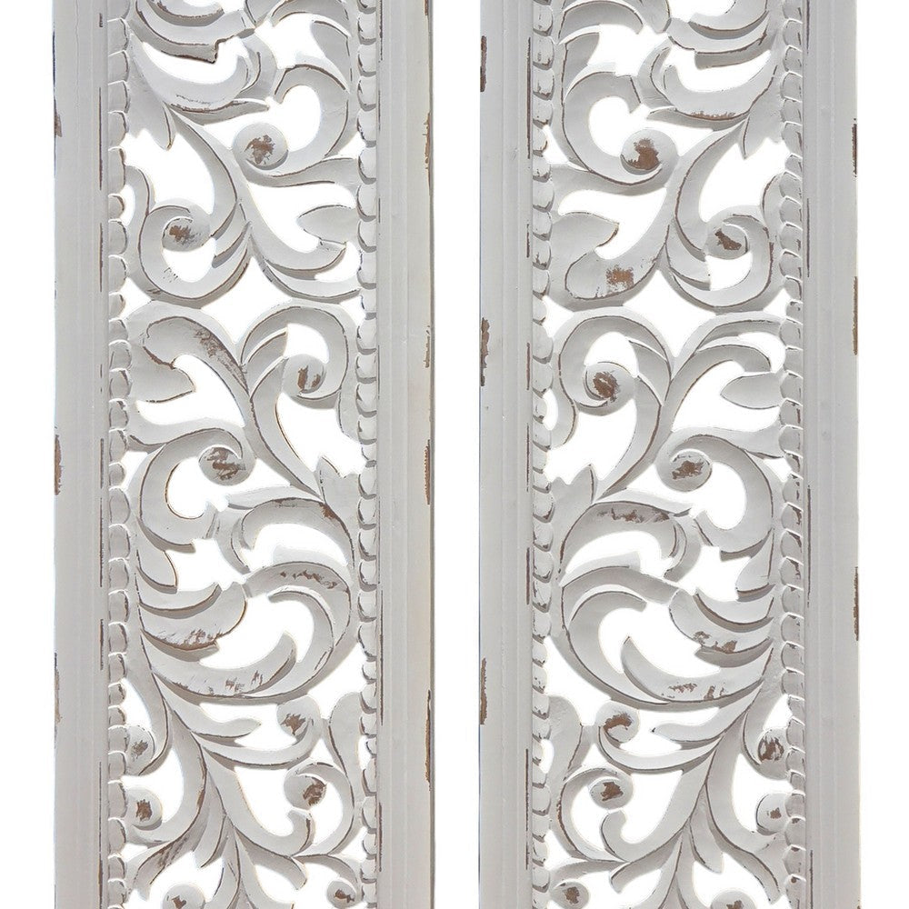 Ozy Carved Wall Art Panel Set of 2 Handcrafted Distressed White Mango Wood 50 Inch Tall By The Urban Port UPT-330432