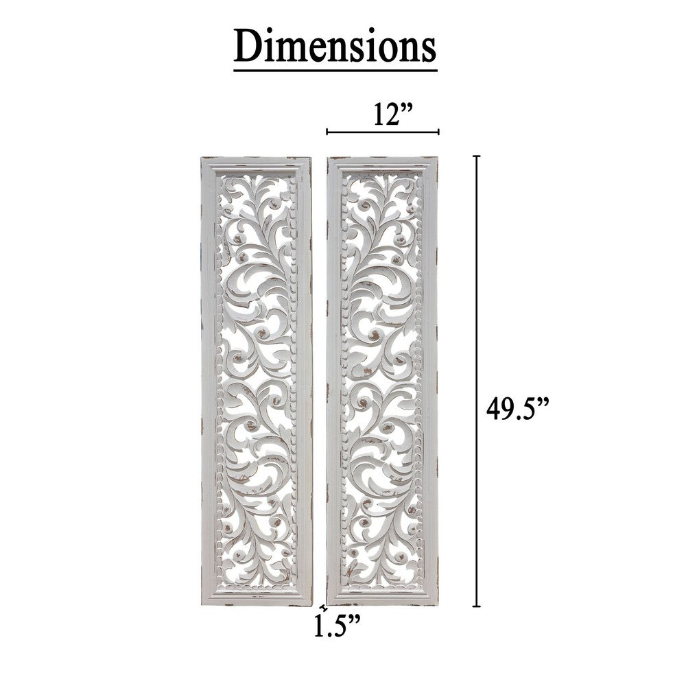 Ozy Carved Wall Art Panel Set of 2, Handcrafted Distressed White Mango Wood, 50 Inch Tall By The Urban Port