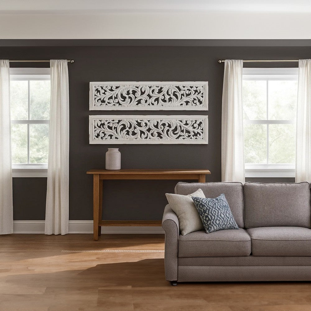 Ozy Carved Wall Art Panel Set of 2 Handcrafted Distressed White Mango Wood 50 Inch Tall By The Urban Port UPT-330432