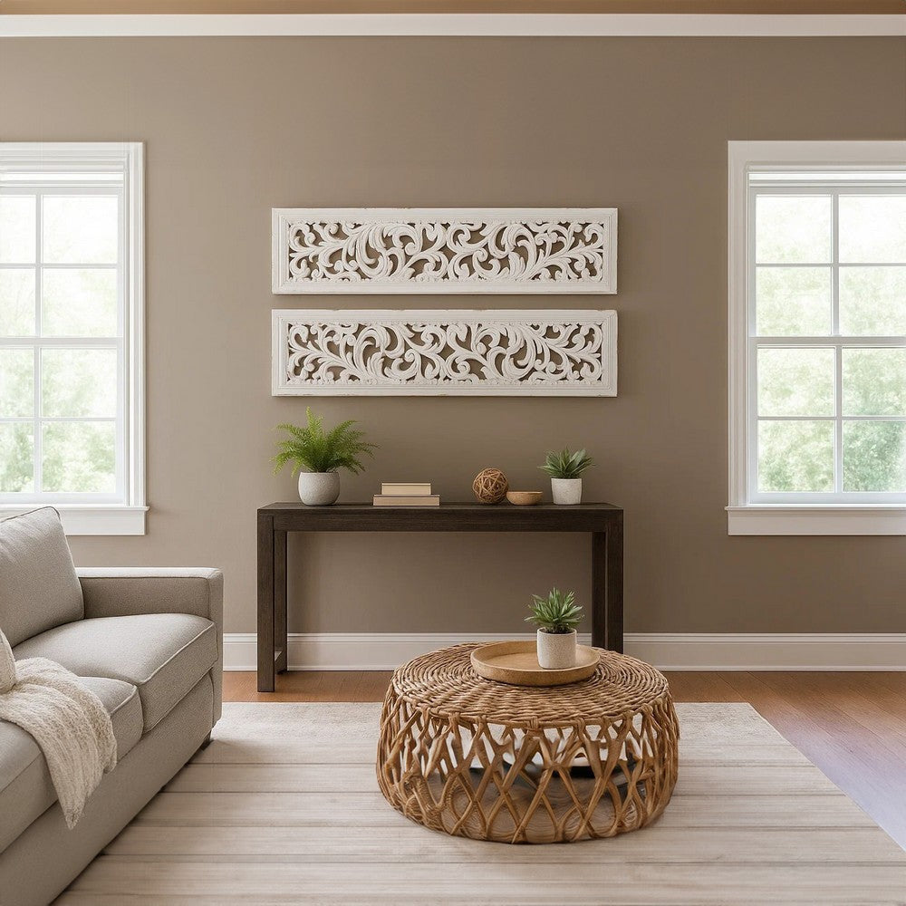 Ozy Carved Wall Art Panel Set of 2, Handcrafted Distressed White Mango Wood, 50 Inch Tall By The Urban Port