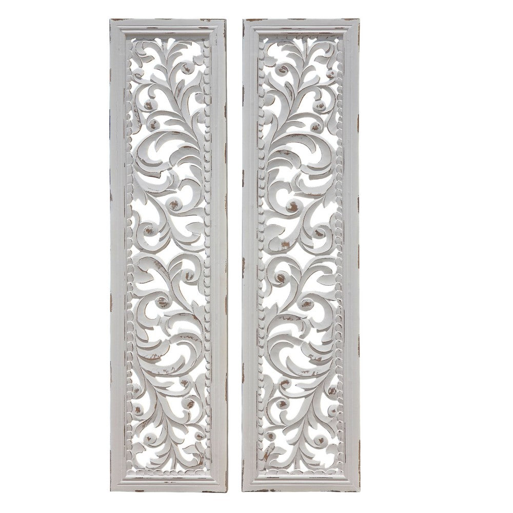Ozy Carved Wall Art Panel Set of 2, Handcrafted Distressed White Mango Wood, 50 Inch Tall By The Urban Port