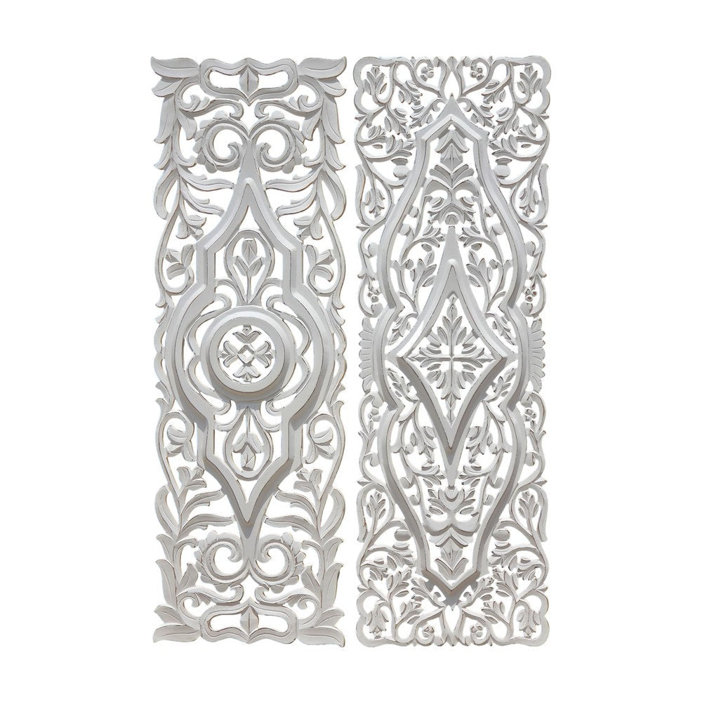 Ozy Carved Wood Wall Art Panel Set of 2 | Handcrafted Ornate Decor | Distressed White | 16x48 By The Urban Port UPT-330433