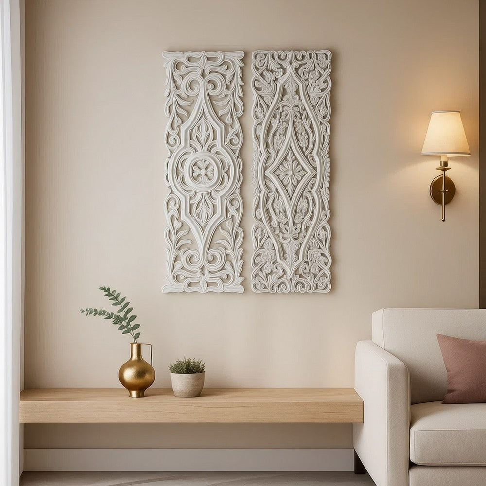 Ozy Carved Wood Wall Art Panel Set of 2 | Handcrafted Ornate Decor | Distressed White | 16x48 By The Urban Port UPT-330433
