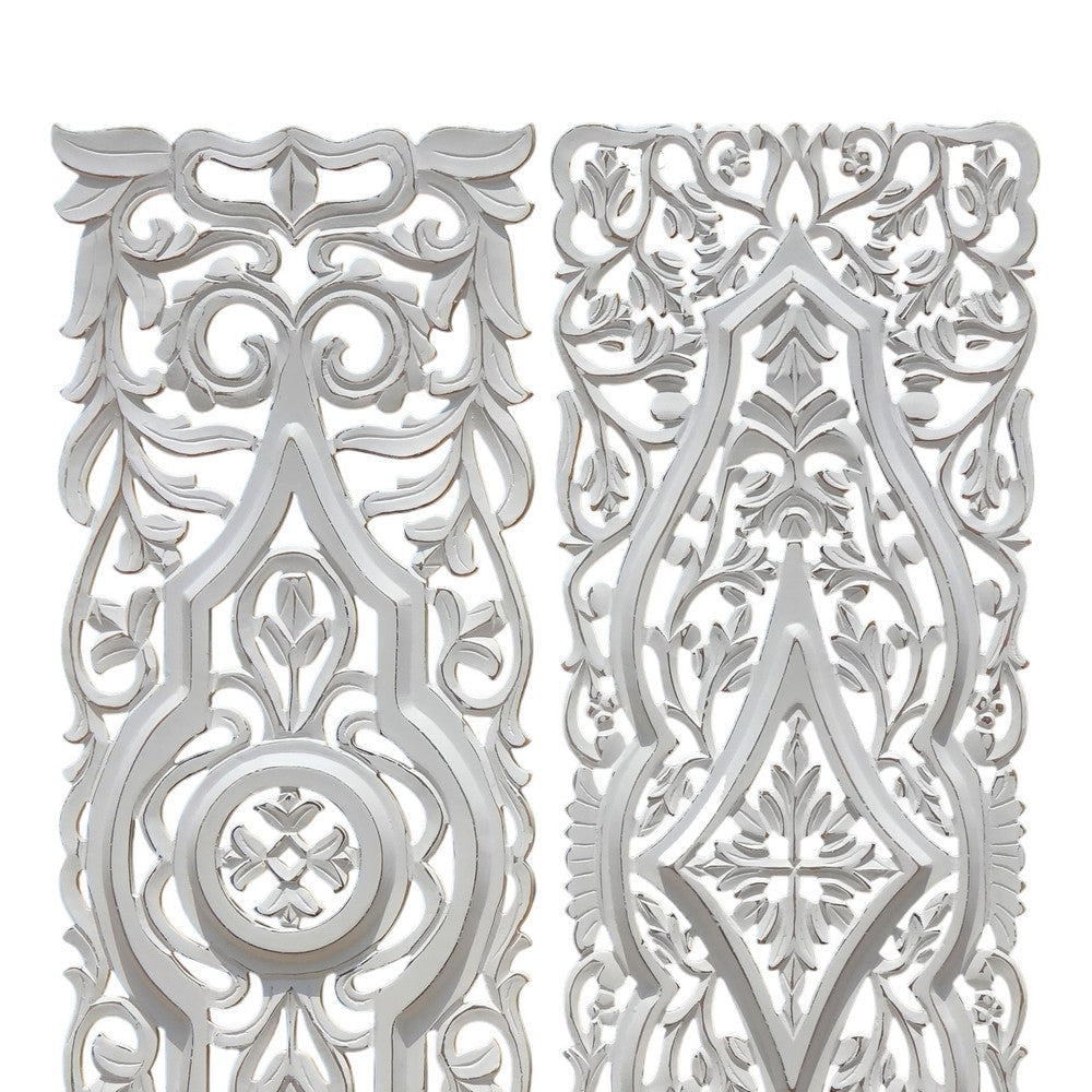 Ozy Carved Wood Wall Art Panel Set of 2 | Handcrafted Ornate Decor | Distressed White | 16x48 By The Urban Port UPT-330433