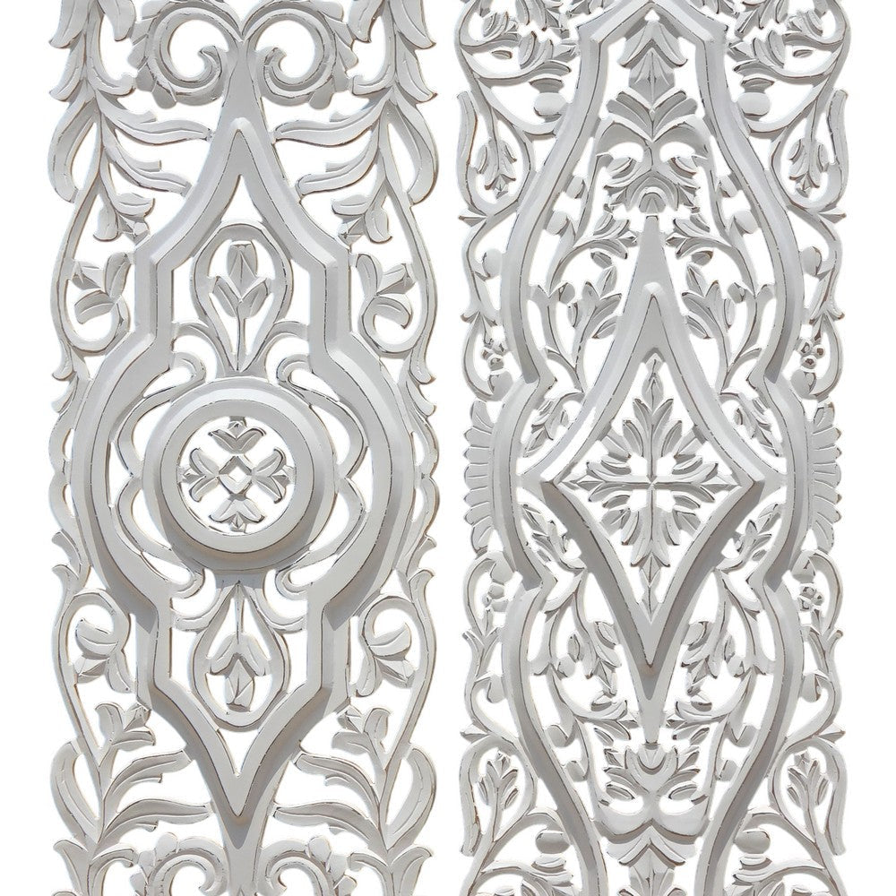Ozy Carved Wood Wall Art Panel Set of 2 | Handcrafted Ornate Decor | Distressed White | 16x48 By The Urban Port UPT-330433