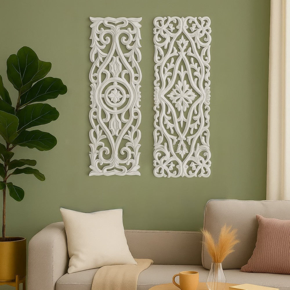 Ozy Carved Wood Wall Art Panel Set of 2 | Handcrafted Ornate Decor | Distressed White | 16x48 By The Urban Port UPT-330433